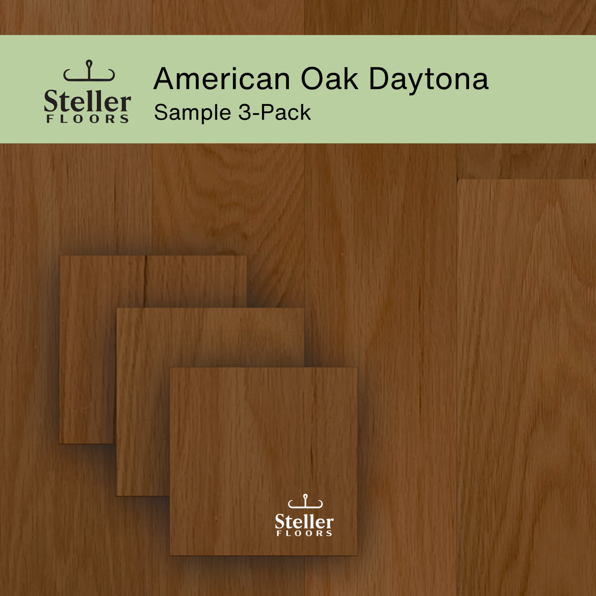 Steller Floors American Oak Daytona Sample 3-Pack showcasing rich brown oak finish.