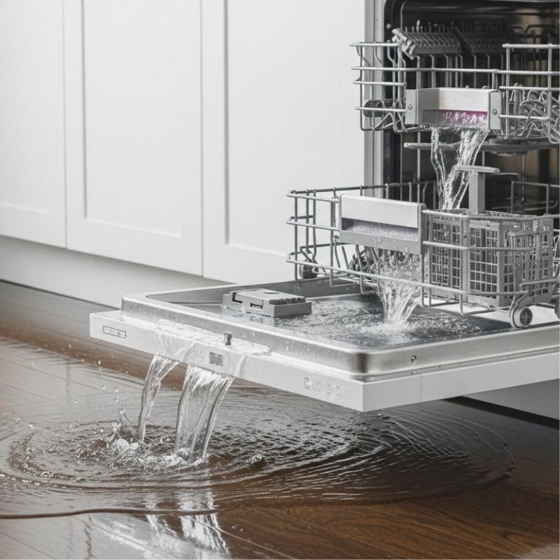 A dishwasher leaks onto a hardwood floor in a kitchen