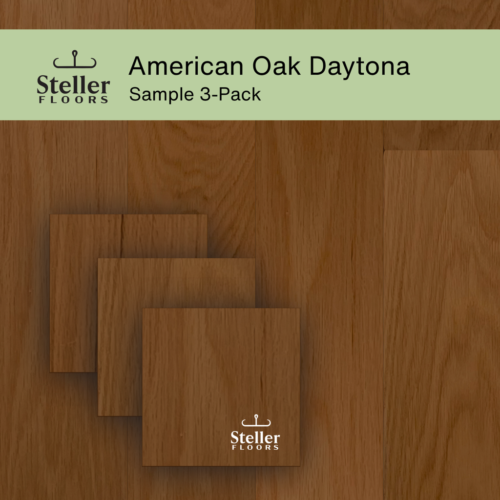 Steller Floors American Oak Daytona Sample 3-Pack showcasing rich brown oak finish.