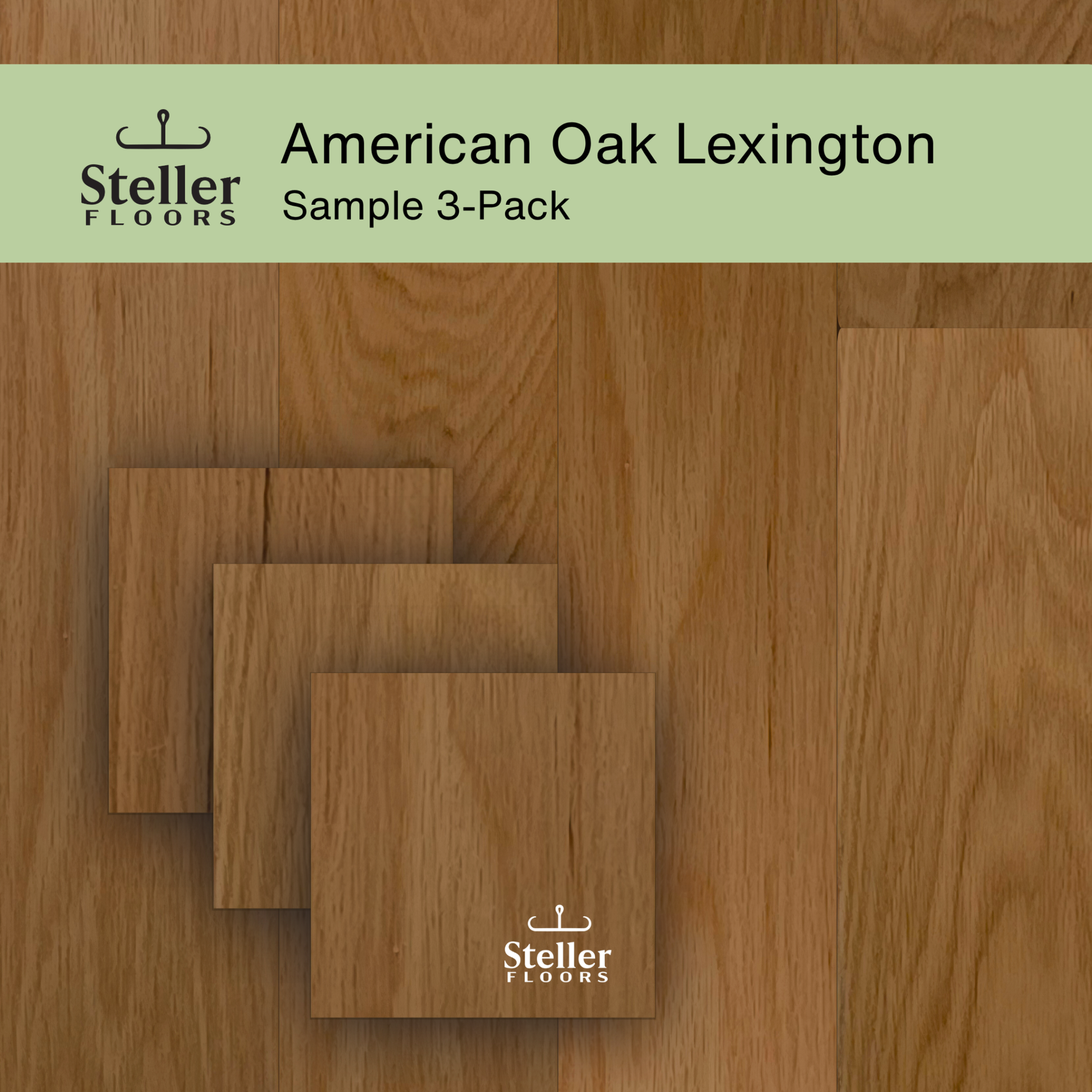 Steller Floors Sample 3-Pack of American Oak Lexington with mid-tone stain, showing grain variability and assembly clips.