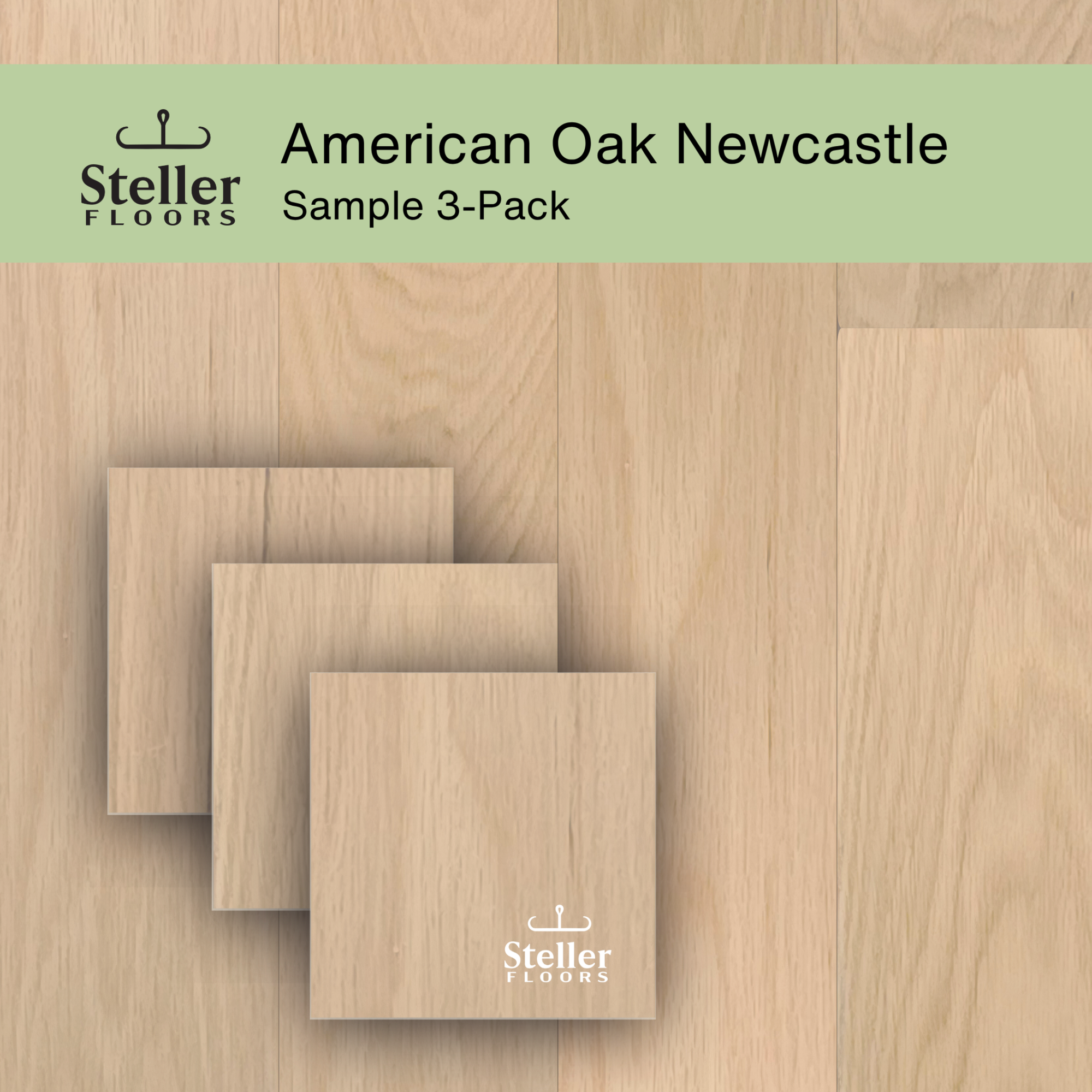 Steller Floors Sample 3-Pack - American Oak Newcastle, showcasing whitewashed oak with grain variability and assembly clips.