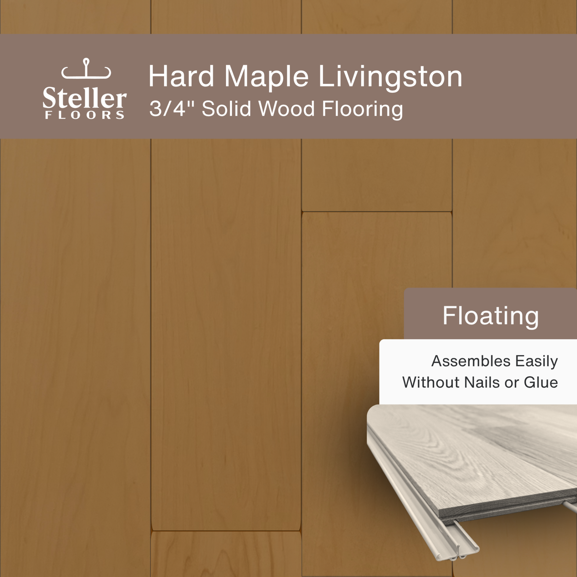 Hard Maple Livingston solid wood floating flooring by Steller Floors with mid-tone brown stain.