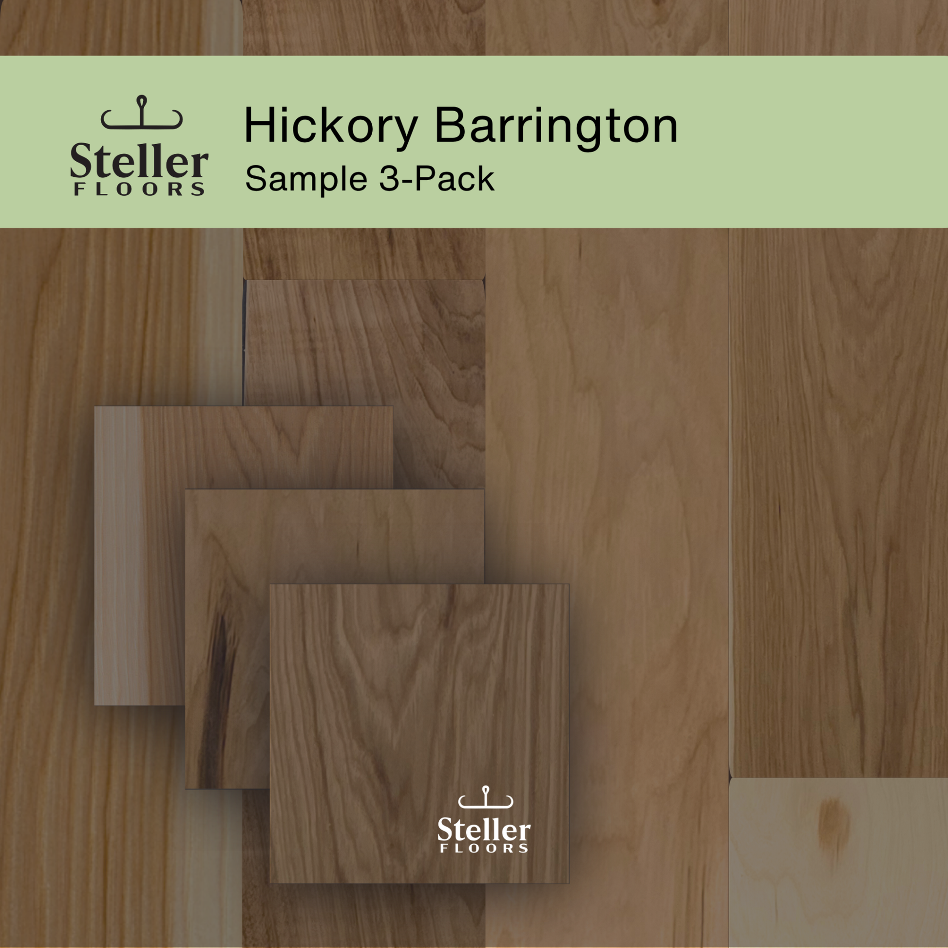 Steller Floors Sample 3-Pack - Hickory Barrington showing mid-tone hickory grain variability.