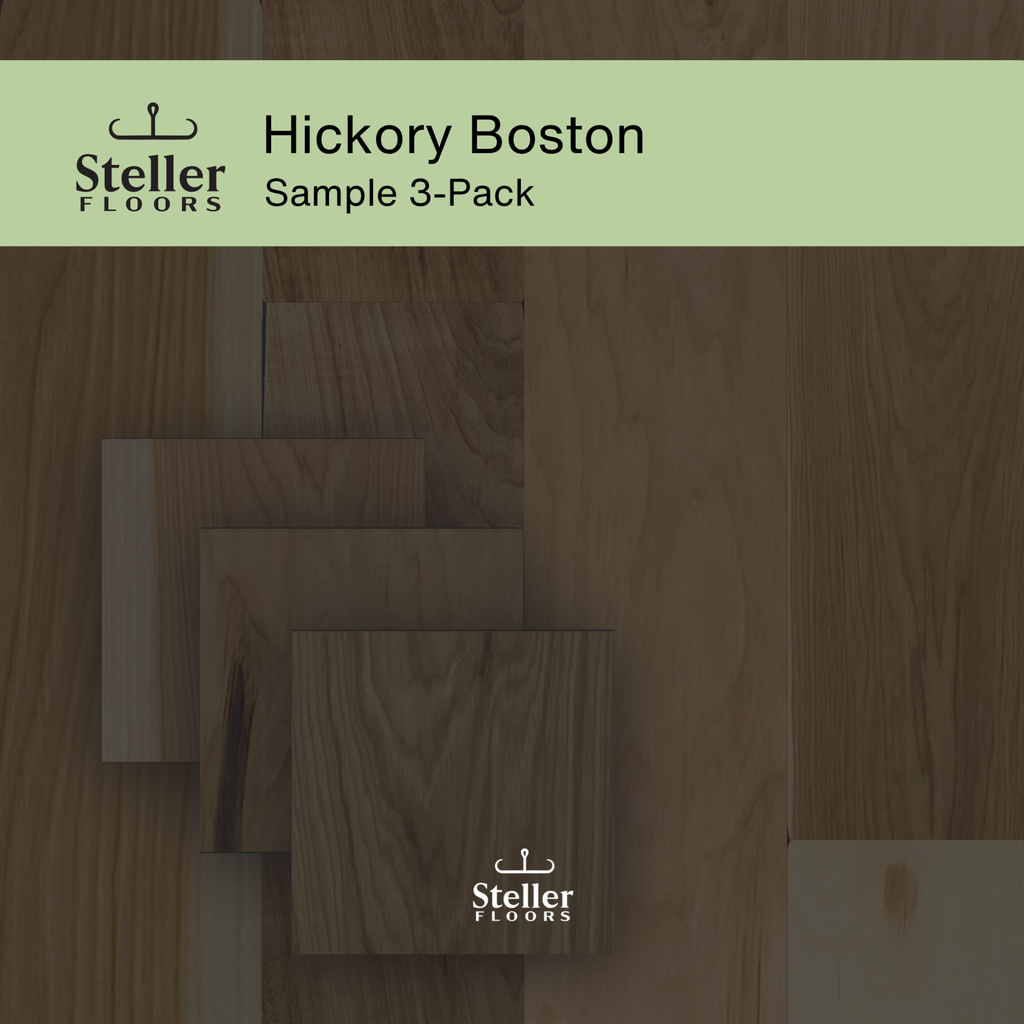 Steller Floors Hickory Boston Sample 3-Pack showcasing dark slate wood texture and patented assembly clips.
