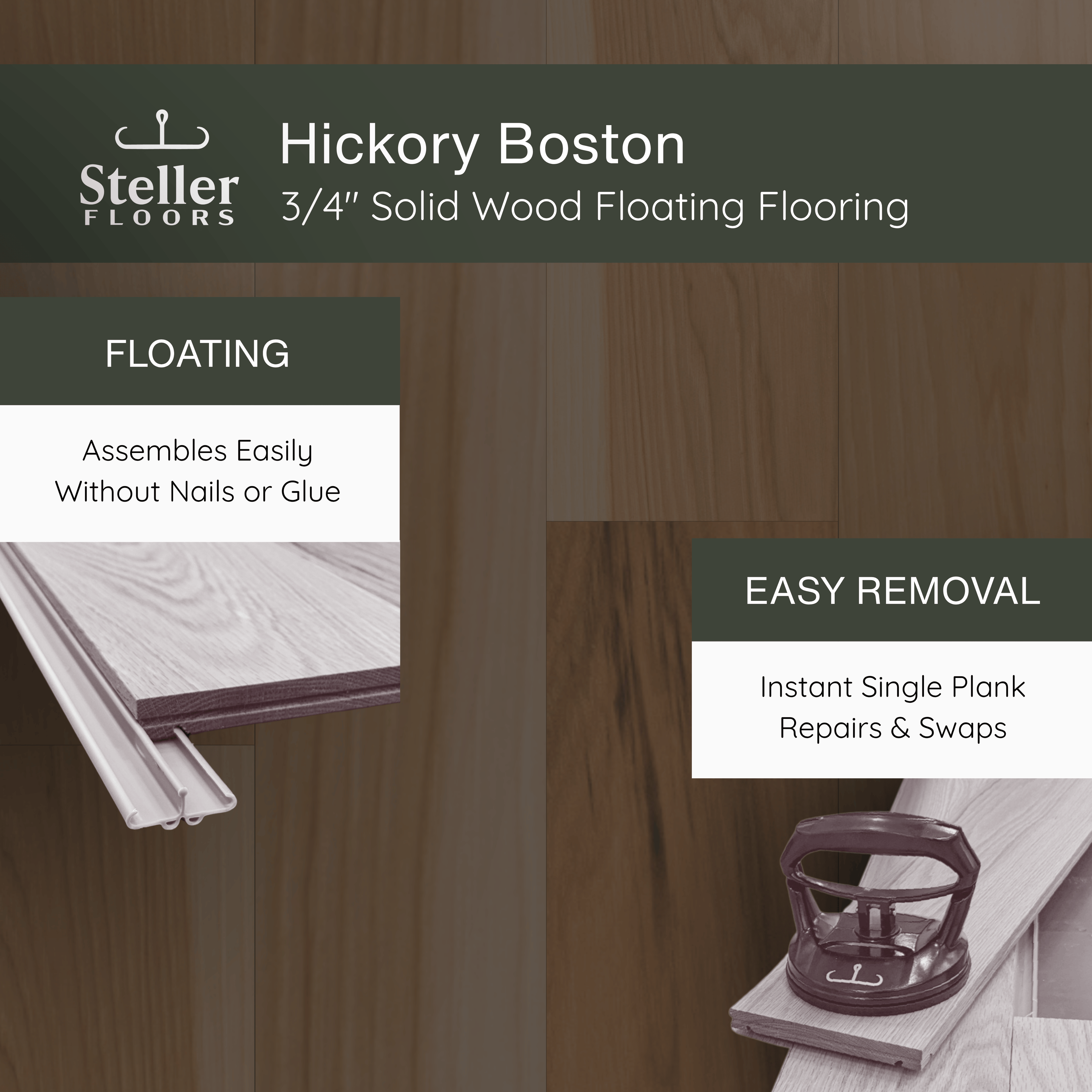 Hickory Boston by Steller Floors - 3/4" Solid Wood Floating System & Free Shipping