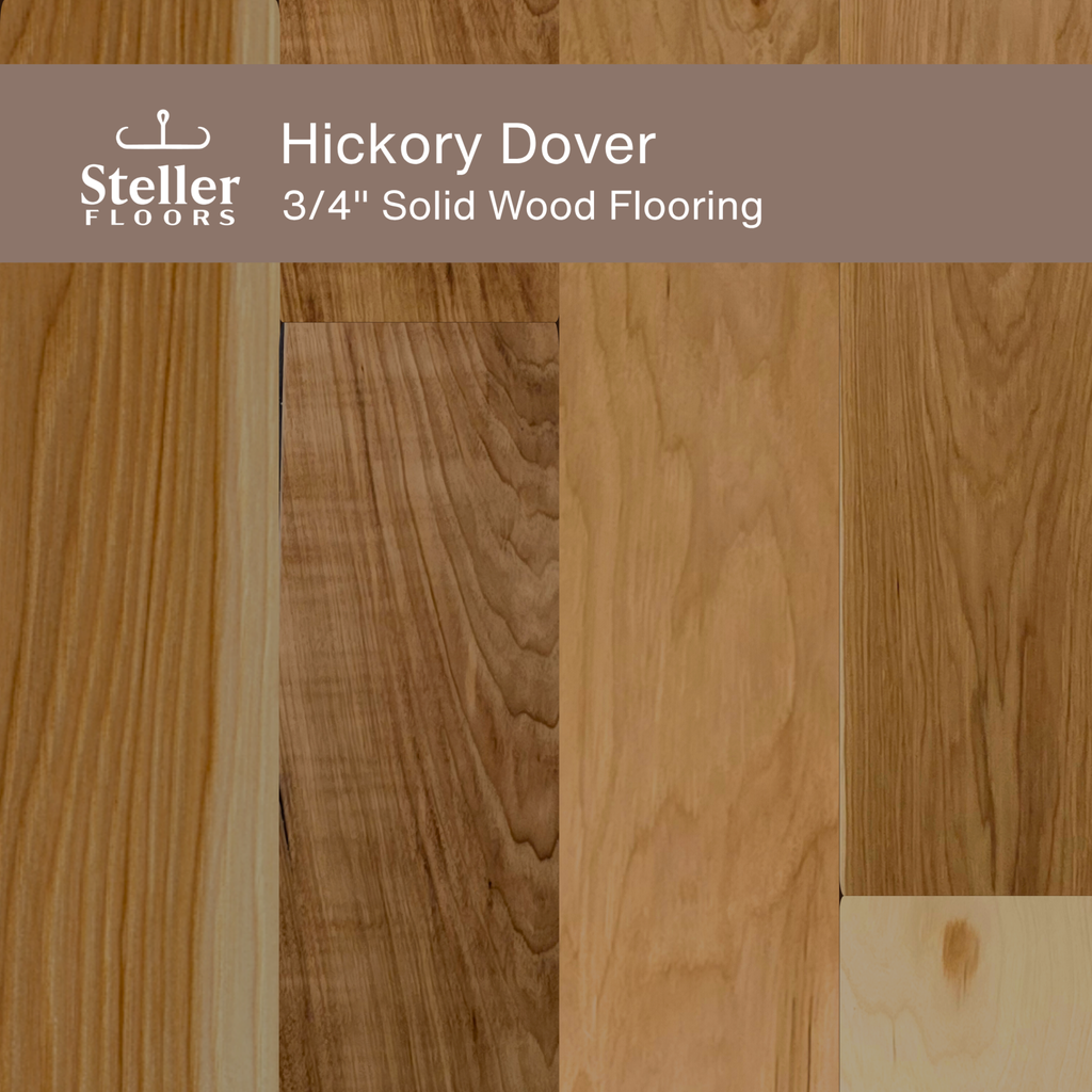 Steller Floors 3/4" solid wood floating flooring in Hickory Dover style.