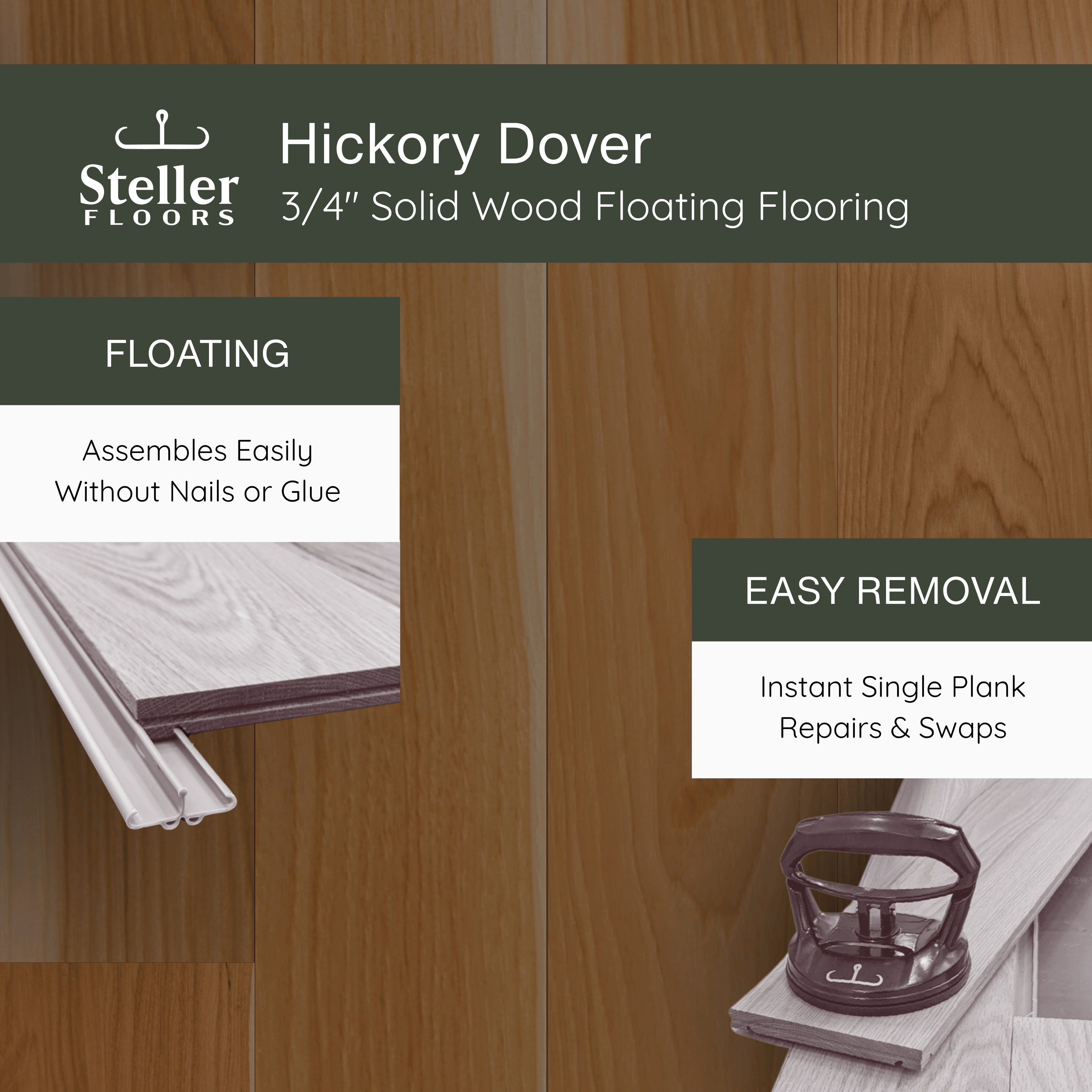 Hickory Dover by Steller Floors - 3/4" Solid Wood Floating System & Free Shipping