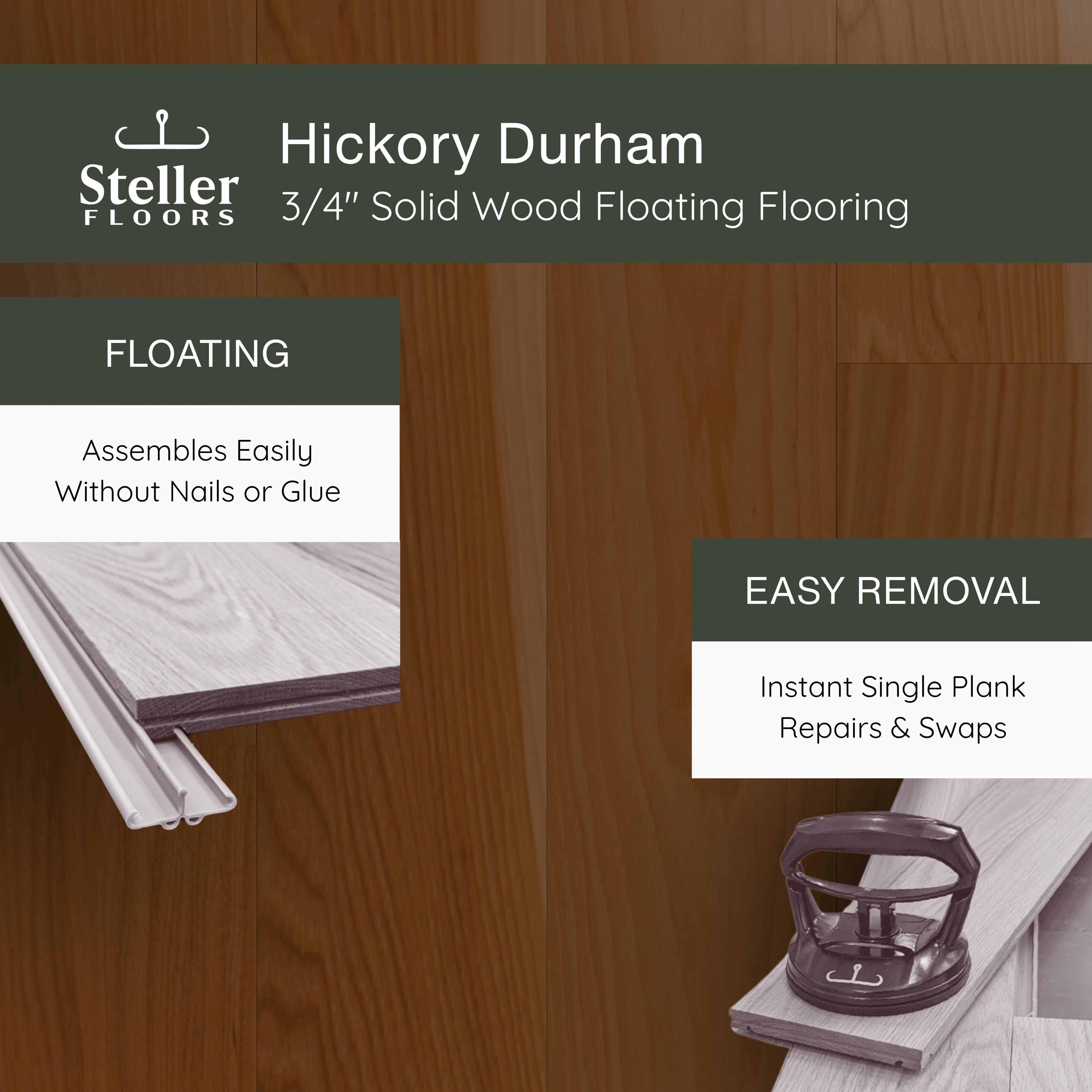 Hickory Durham by Steller Floors - 3/4" Solid Wood Floating System & Free Shipping
