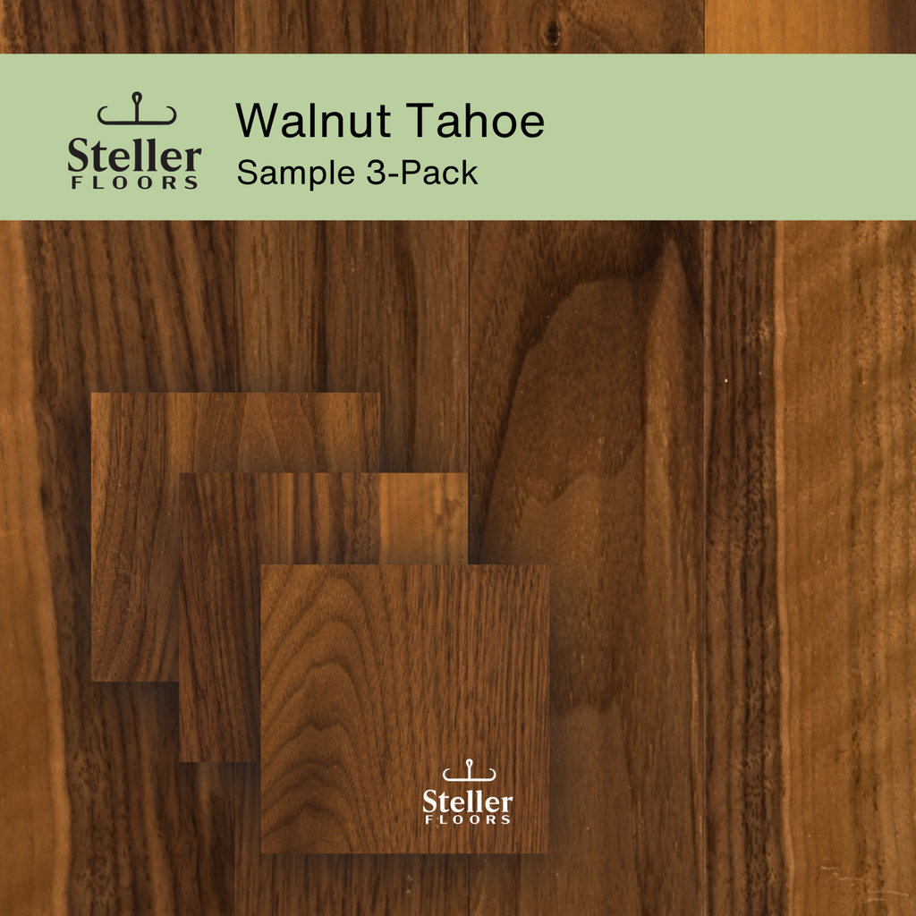 Steller Floors Walnut Tahoe Sample 3-Pack showcasing rich walnut grain patterns.