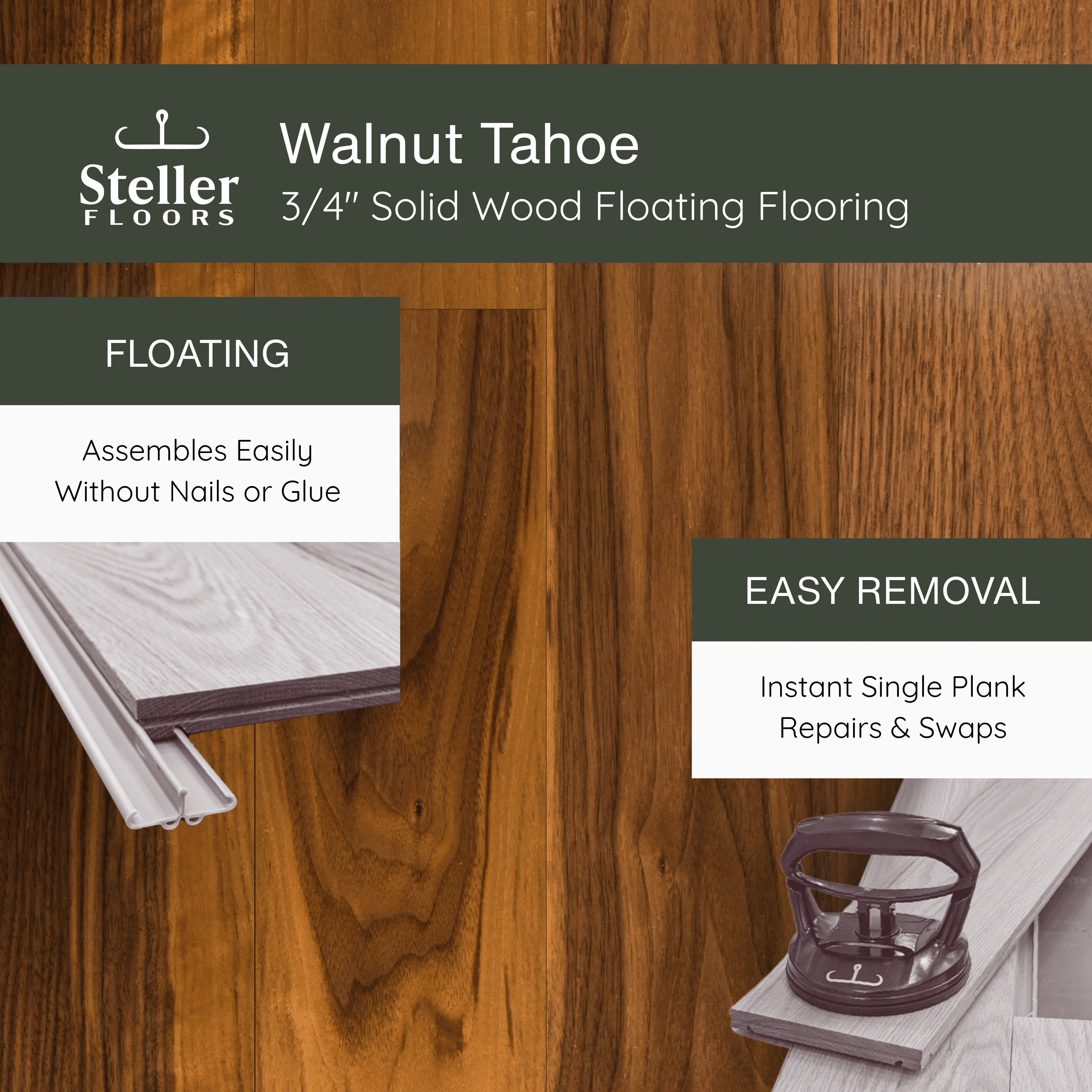 Walnut Tahoe by Steller Floors - 3/4" Solid Wood Floating System & Free Shipping