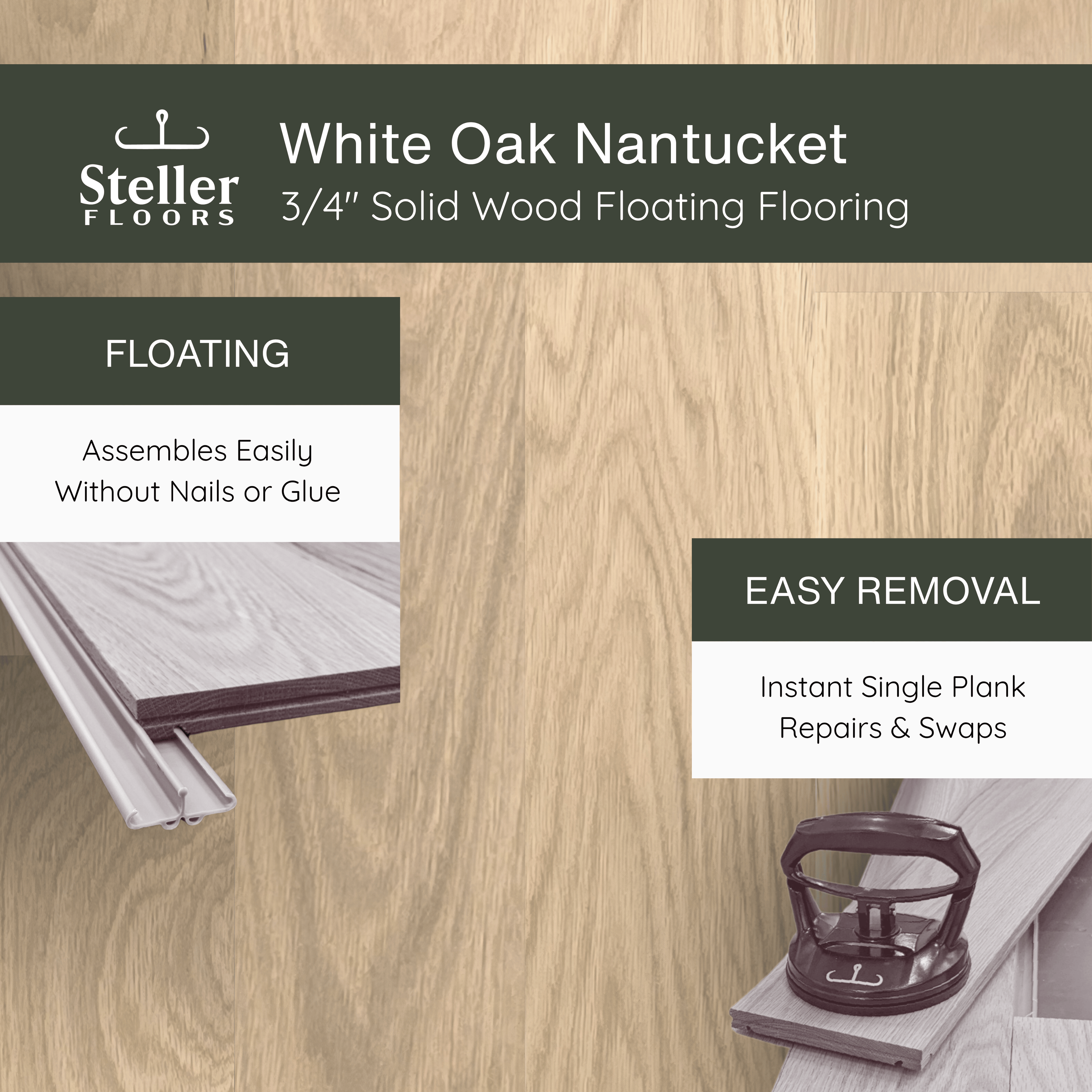 White Oak Nantucket by Steller Floors - 3/4" Solid Wood Floating System & Free Shipping
