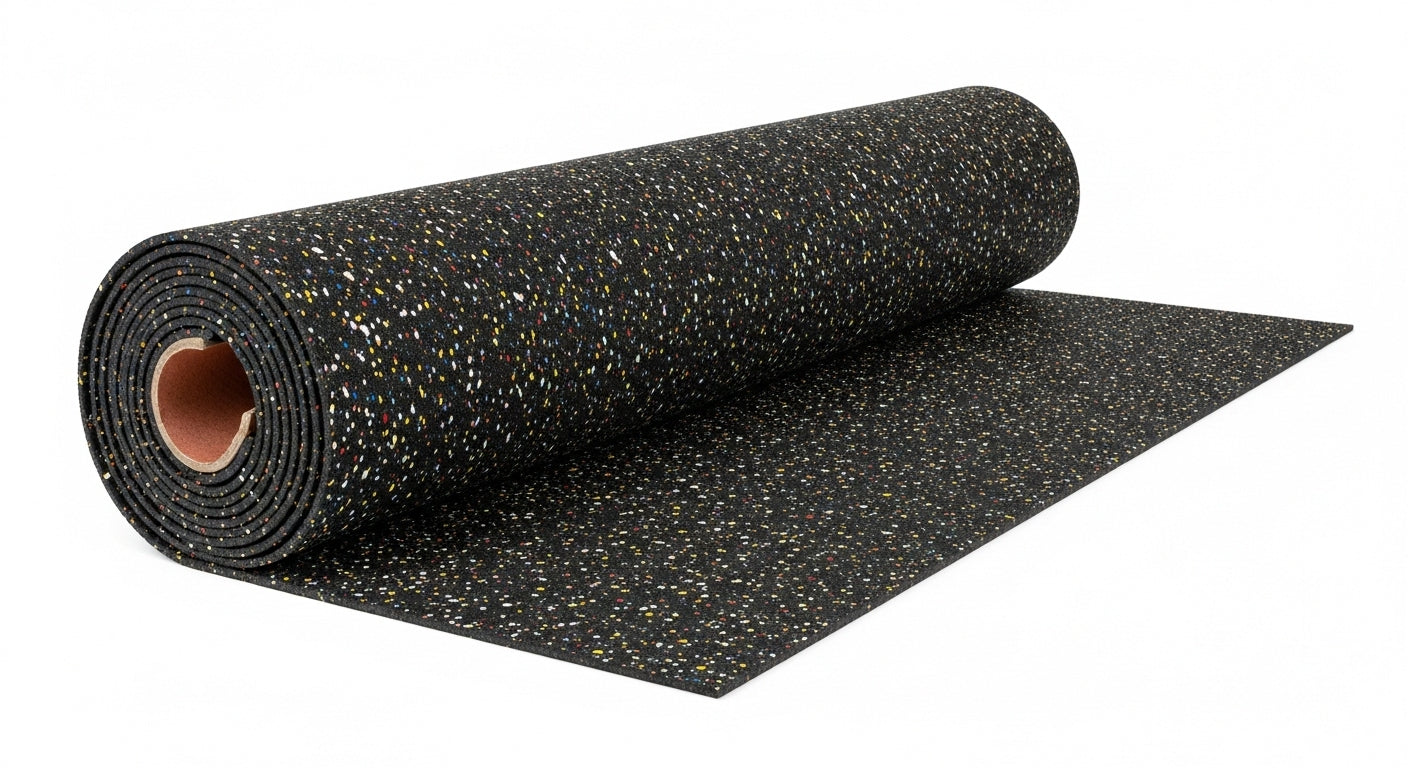 Roll of black rubber matting on a white background